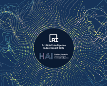 Cover of 2022 AI Index Report with HAI logo in center with dots on wavy lines emanating out