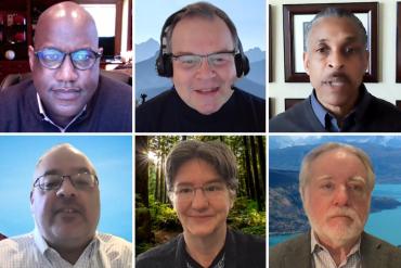 Delivering presentations to the Faculty Senate on Thursday were (top row, left to right) Athletic Director Bernard Muir; Jeff Koseff, faculty athletic representative to the NCAA; Deputy Athletic Director Patrick Dunkley; (bottom row, left to right) Ryan Adesnik, vice president for government affairs; Kathryn “Kam” Moler, vice provost and dean of research; and Stephan Graham, dean of the School of Earth, Energy and Environmental Sciences. 