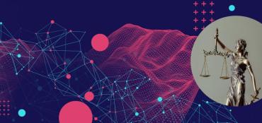 Graphic of Lady Justice holding scales in an inset with neural networks with different nodes highlighted