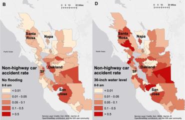 Maps of SF Bay Area showing model estimate of non-highway car accident rates without flooding and with a 36" water level