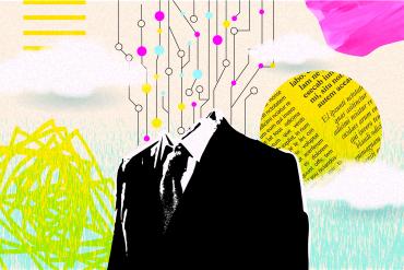 Image of person in suit with lines and dots in place of a head, circle of newspaper with clouds, and other blobs floating in background