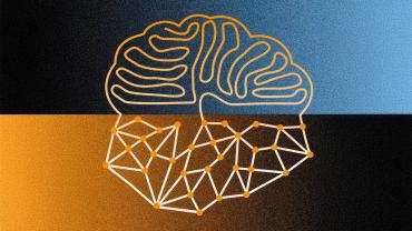 Graphic of a line drawing of a brain on the top half and a neural network on the bottom half.