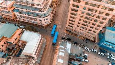 Aerial view of a downtown with highrises