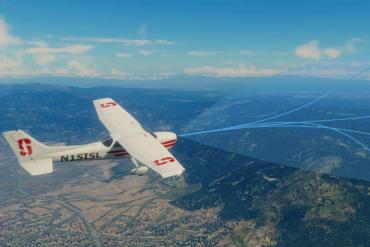 Image of the Cessna 172 aircraft used for the experiments in the X-Plane simulator with illustrations showing possible future trajectories of the system with uncertainty bounds. | Courtesy of Joshua Ott using X-Plane by Laminar Research