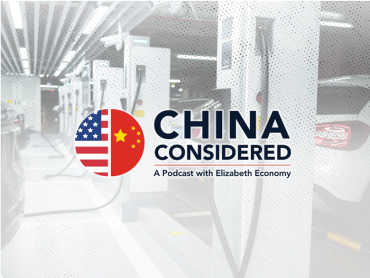 Image of vehicles charging overlaid with circle with 1/2 U.S. flag and 1/2 China flag with title: China Considered, A Podcase with Elizabeth Economy