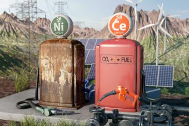 Graphic of two fuel tanks in foreground, one labeled "Ni' and the other 'Ce' with solar panels and wind turbines behind with mountains in the background