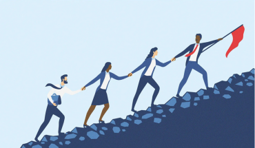 Graphic of 4 corporate works ascending mountain with lead person carrying red flag pointing the way.