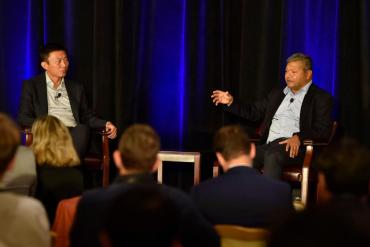 Yi Cui, director of the Precourt Institute for Energy, and Arun Majumdar, dean of the Stanford Doerr School of Sustainability, engage in a fireside chat at Stanford Energy Innovation Day. (Image credit: Steve Castillo)