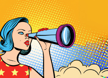 Dalle generated pop-art graphic of woman looking through a telescope into the future.