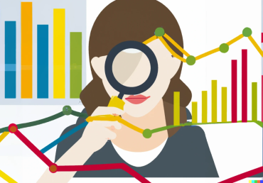 Dalle generated graphic of a women looking through a magnifying glass with charts in the background