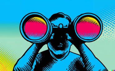 Dalle-e graphic of a person looking through a binoculars with the lens showing rainbow colors: yellow, pink, blue