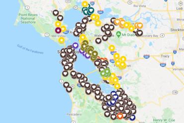 Map of the Bay Area showing where local schoolchildren can receive free meals during school closures caused by the COVID-19 pandemic.