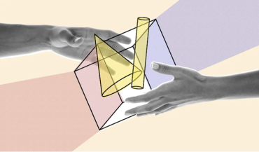 Graphic of hands from 2 people reaching out toward center objects