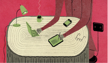 Graphic of person sitting at table sith one hand on laptop, the other hand scribbling in notepad and cell phone on table next to phone and coffee