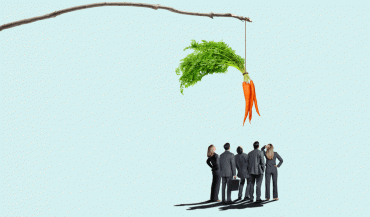 Graphic of carrots on a stick being held over a group of people in suits