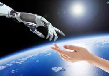 Graphic of the earth with sun in background and a robot hand and human hand reaching for each other