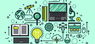 Graphic showing an open booki, lightbuld, keyboard, glove, telescope, computer, pen and pencil, microscope, cloud with lightening, test tube, eyeball,magnifying glass