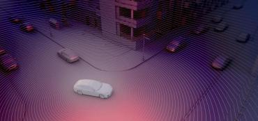 Graphic showing a white glowing autonomous vehicle in a city street with other vehicles
