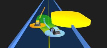 Graphic of a road with an autonomous vehicle in orange and a human vehicle in blue have to overtake a large obstacle in yellow.