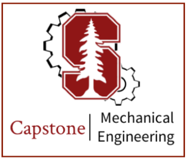 Stanford 'S' logo in foreground with gears peeking out of its sides and the text:'Capstone Mechanical Engineering' on the bottom