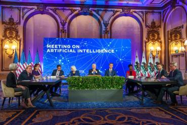 U.S. President Joe Biden met with leaders in AI including Stanford HAI Co-Director Fei-Fei Li and HAI Associate Director Rob Reich to discuss the opportunities and risks of artificial intelligence. The forum took place in San Francisco, California, on June 20, 2023.