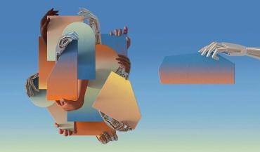 Graphic of a pile of different shaped pieces with human and robotic fingers with a robotic hand adding another piece to the pile