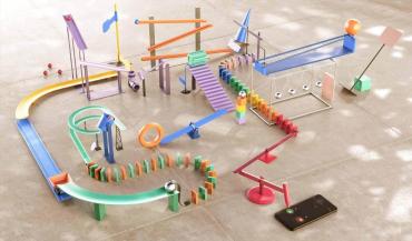 A toy maze with dominos and ramps.