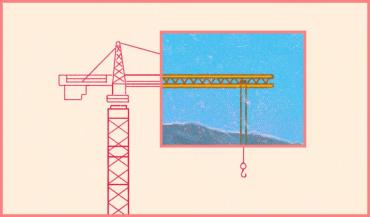 Image of a port crane lift with an overlay over parts of the lift with a blue sky and mountains in the background