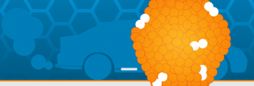 Graphic of an outline of a car with orange and white atoms shaped in a hexagon in foreground