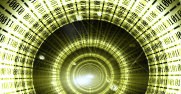 Graphic of looking into a green, black and white tube with 0 and 1s all over with white light in center