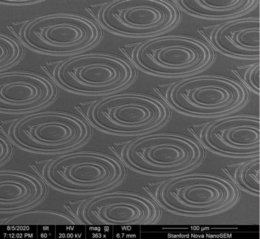 The silicon carbide microrings developed by the Vučković Lab, as seen through a scanning electron microscope at the Stanford Nano Shared Facilities. (Image credit: Vučković Lab)