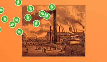 Vintage sepia image of smokestacks coming out of warehouses with green leaves overlayed