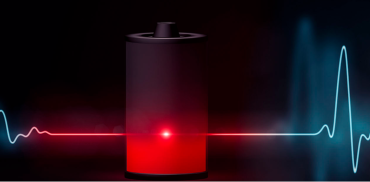 Image of a battery in red with a squiggly line running through it horizontally.