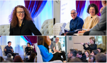 From left, clockwise: Genevieve Bell, Russ Altman, Jodi Forlizzi, an audience member, James Landay, Niloufar Salehi, and Melissa Valentine. | Photos by Christine Baker.