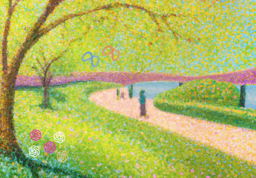 Graphic of impressionist scene of trees along a river bank with flowers, butterflies and people walking on path