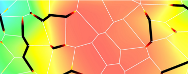 Graphic of a green, yellow, orange background representing a particle's surface with cracks