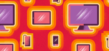 Graphic showing different electronic devices such as cellphone, computer monitor, tablets surrounded with yello and orange halo