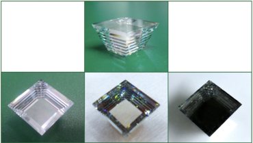 Different stages of the graded index glass pyramid fabrication: when in optical contact with a solar cell, the pyramid at the final step (bottom right corner) absorbs and concentrates most of the incident light and appears dark. (Image credit: Nina Vaidya)