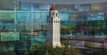 Graphic of Hoover Tower with overlay images of news items