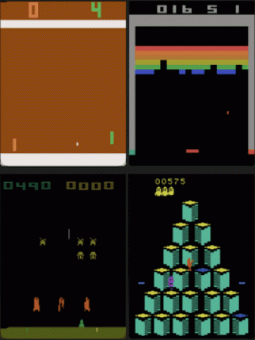 Gif showing several classic Atari games - Pong, Breakout and Space Invaders.