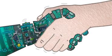 Image of a robot hand shaking hands with a human hand.