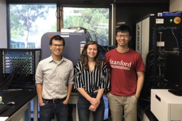 Photo of from left, Will Chueh, associate professor; Tanya Jomaa, high school summer intern; and Haitao “Dean” Deng, PhD ’21. Jomaa, now an undergraduate at Yale University, worked with Deng researching lithium titanate batteries. (Image credit: Norman Jin)