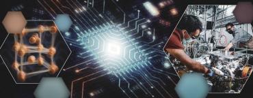 Graphic of a computer chip in center, depiction of snapshot of atoms moving in response to a sharp pulse of electrical excitation and at right researchers using the ultrafast atomic technology