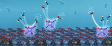 An illustration depicts a new system developed at SLAC and Stanford that anchors individual iridium atoms to the surface of a catalyst, increasing its efficiency at splitting water to record levels. The eight-sided support structures, shaded in blue, each contain a single iridium atom (large blue spheres). 