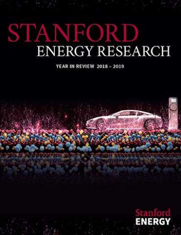 Cover page of Stanford Energy Research showing a graphic of a vehicle charging with atoms on the road
